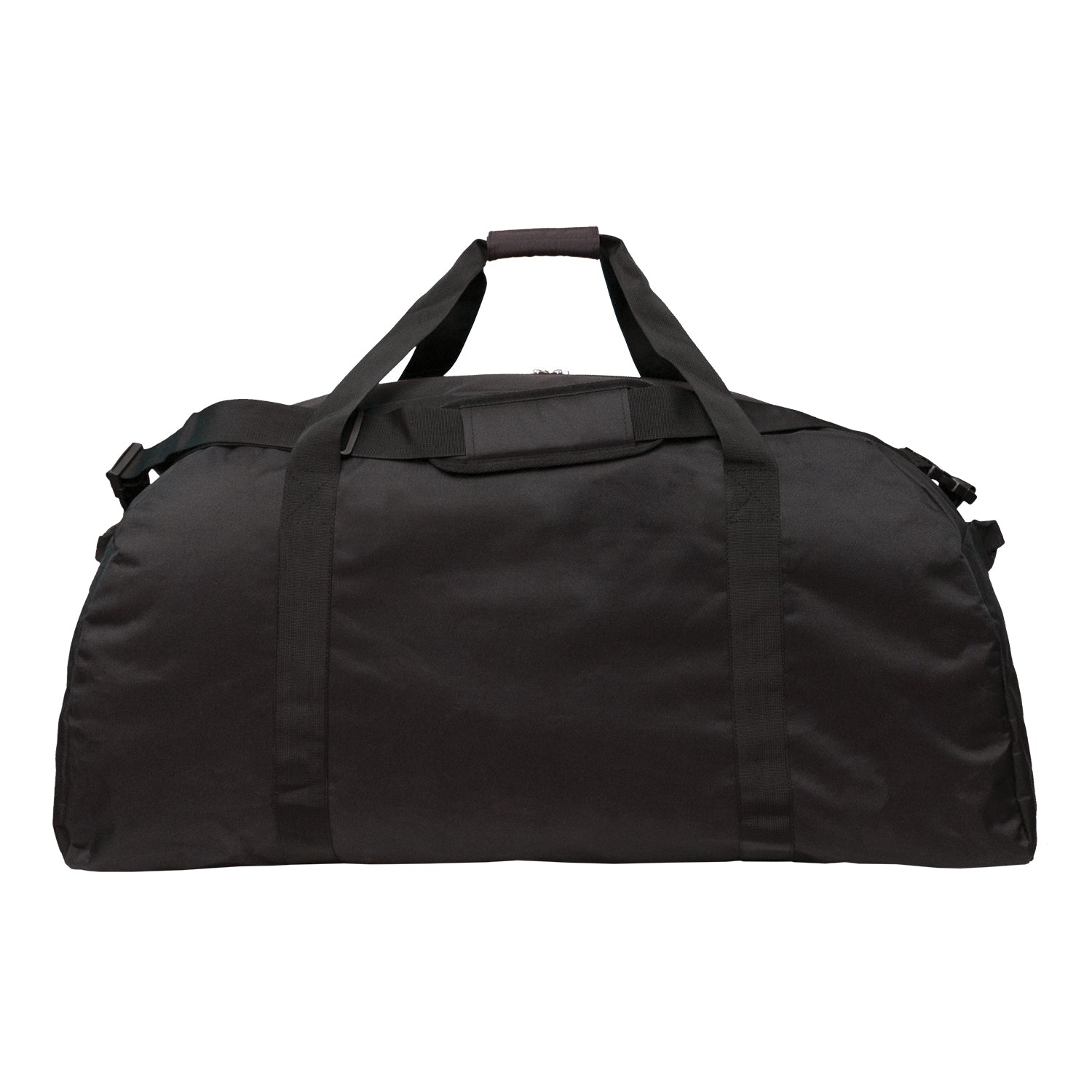 Black duffel bag on a white background