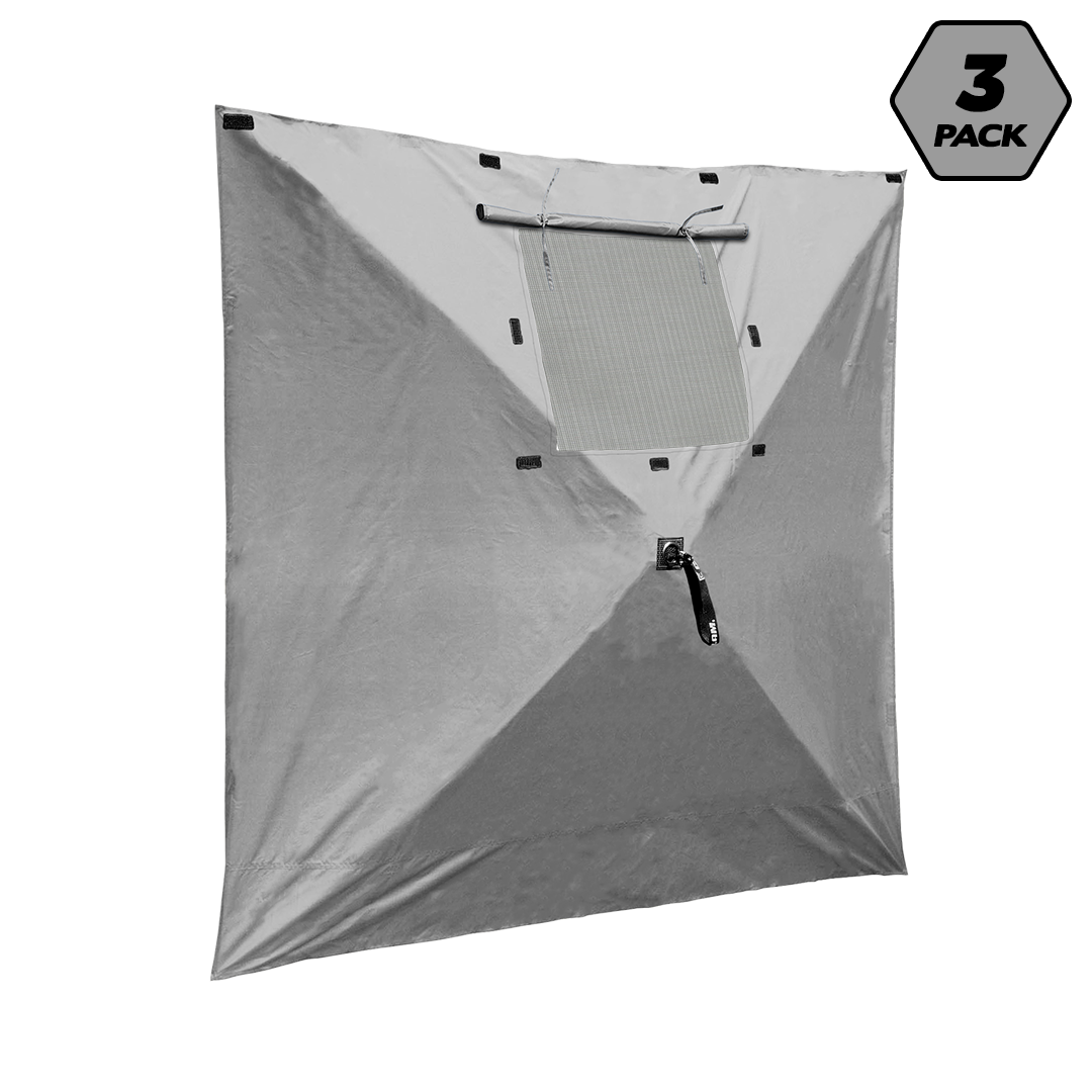 Clam Quick-Set wind panels providing sun, rain, and wind protection outdoors
