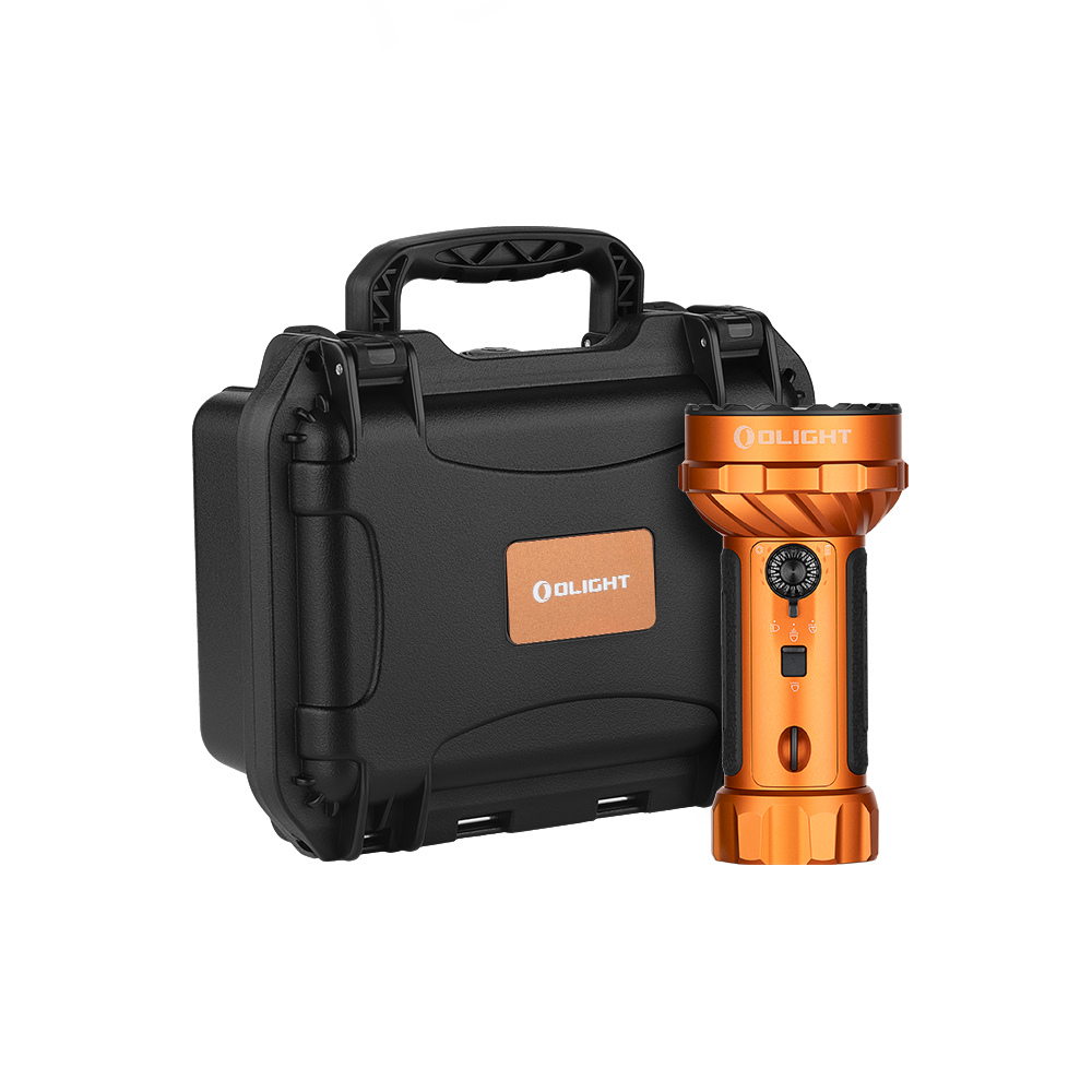 Olight Marauder Mini 2 flashlight front view showing large floodlight and spotlight lenses