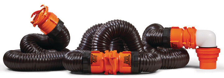 RhinoFLEX 20-foot RV sewer hose kit with two 10-foot hoses, swivel fittings, and transparent elbow for secure, leak-free connections
