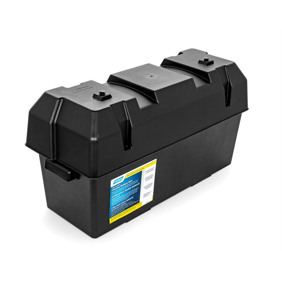 Camco Double Battery Box for automotive, RV, and marine use, made of heavy-duty, corrosion-resistant polypropylene.
