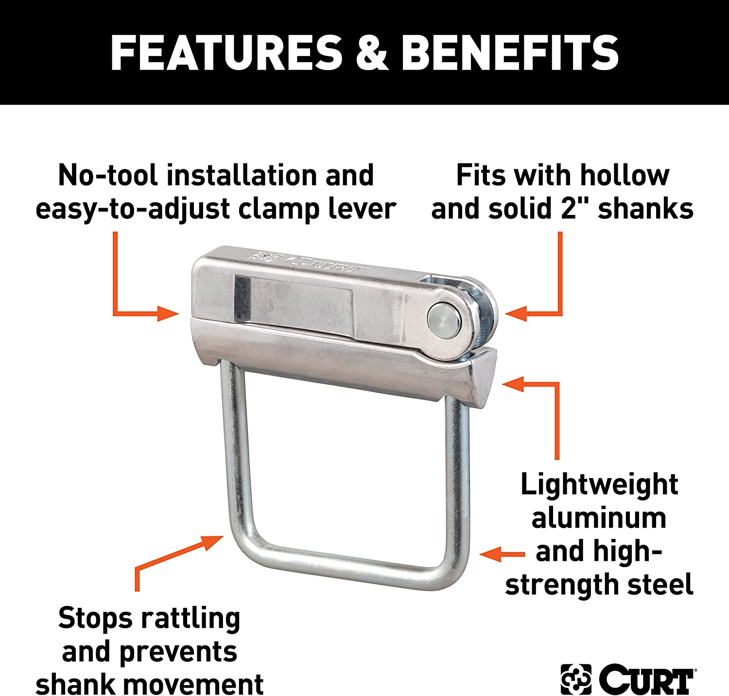 CURT 22325 No-Tool Anti-Rattle Hitch Clamp Tightener for 2-Inch Receiver, Hollow or Solid Shanks , Black