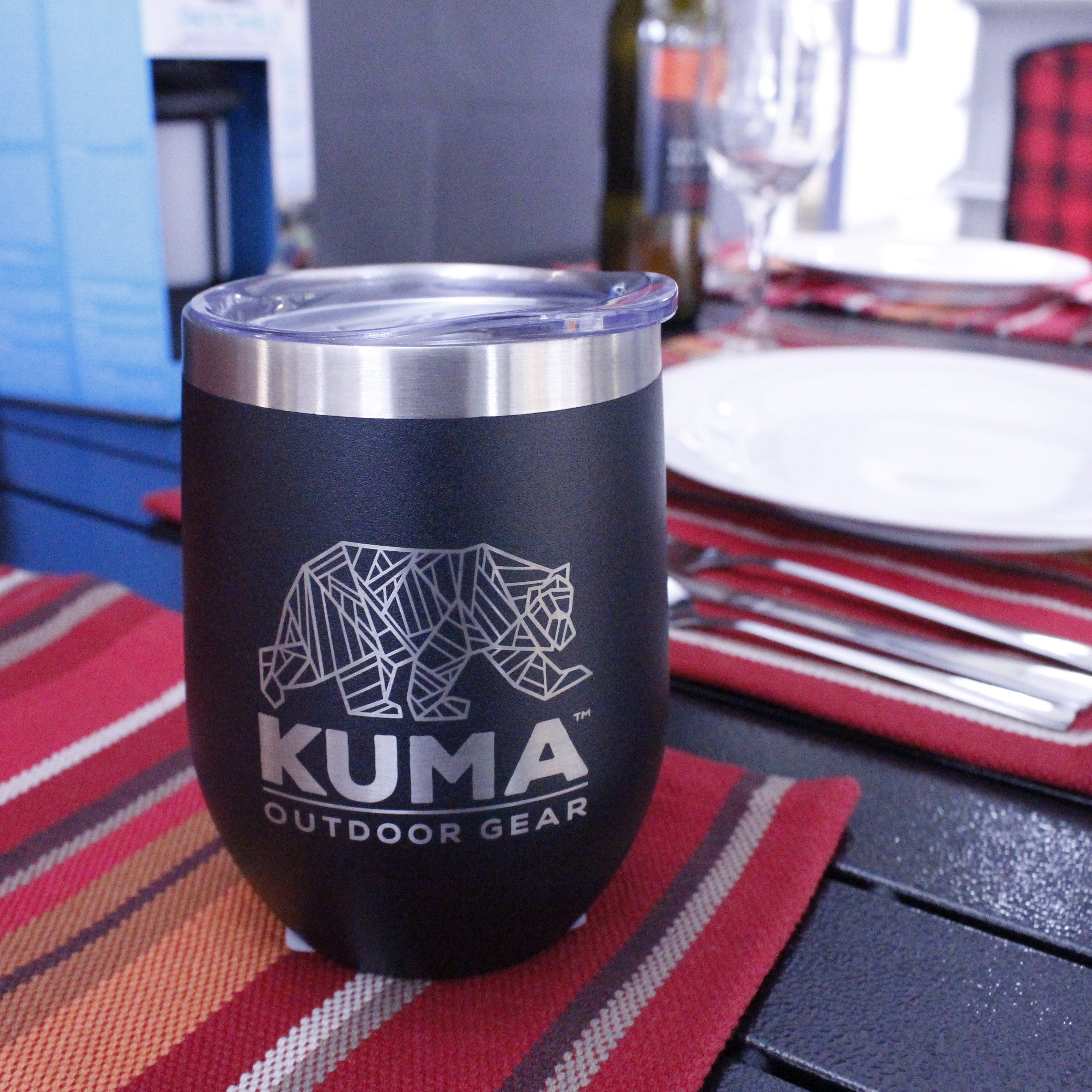 Premium vacuum-sealed stainless steel wine tumbler, 12 oz capacity, featuring a luxurious powder-coated exterior and BPA-free design