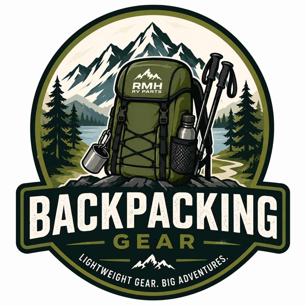 Backpacking Gear collection logo featuring a hiking backpack, mountain landscape, trekking poles, and outdoor adventure design by RMH RV Parts