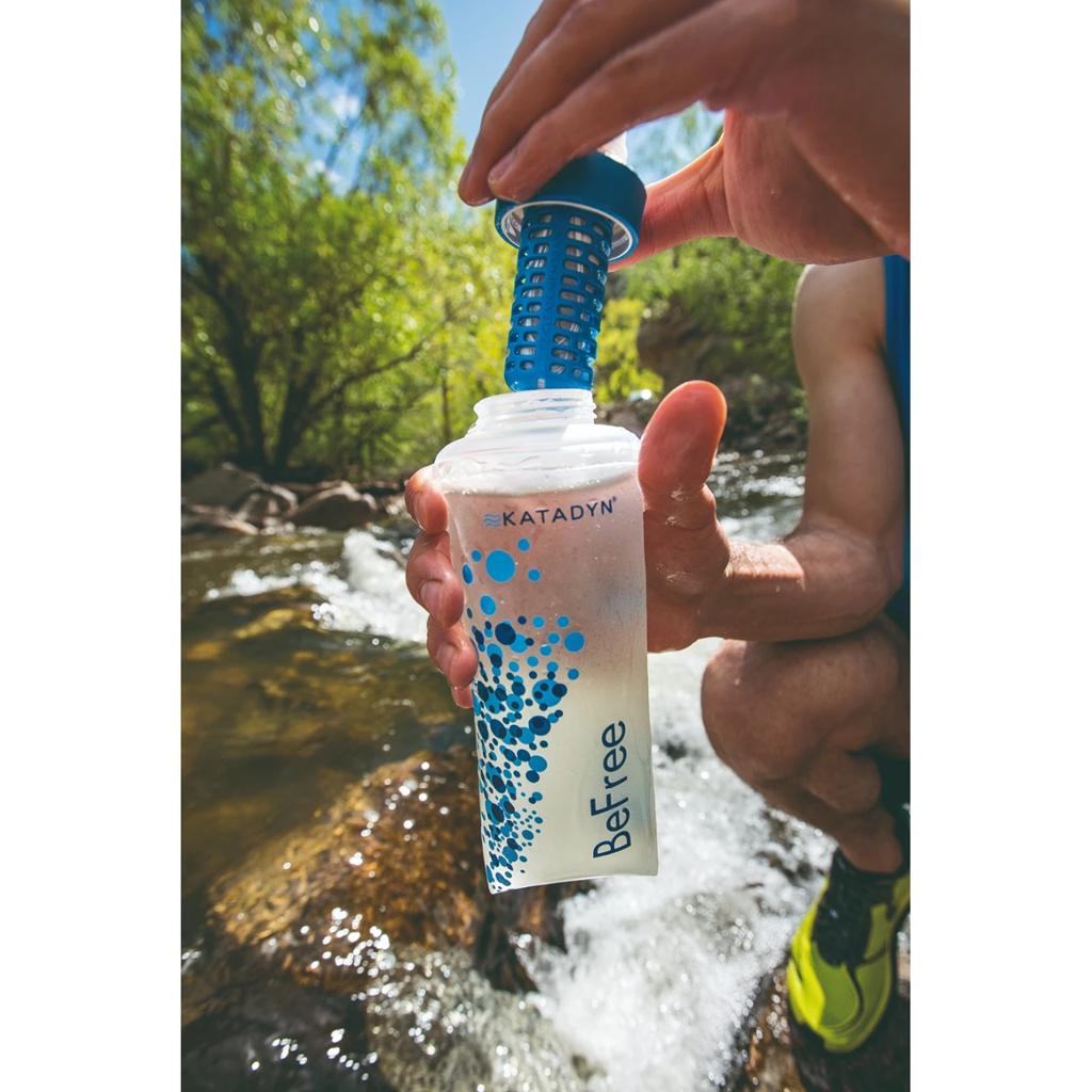 Katadyn water filter being used for drinking water during a backpacking adventure