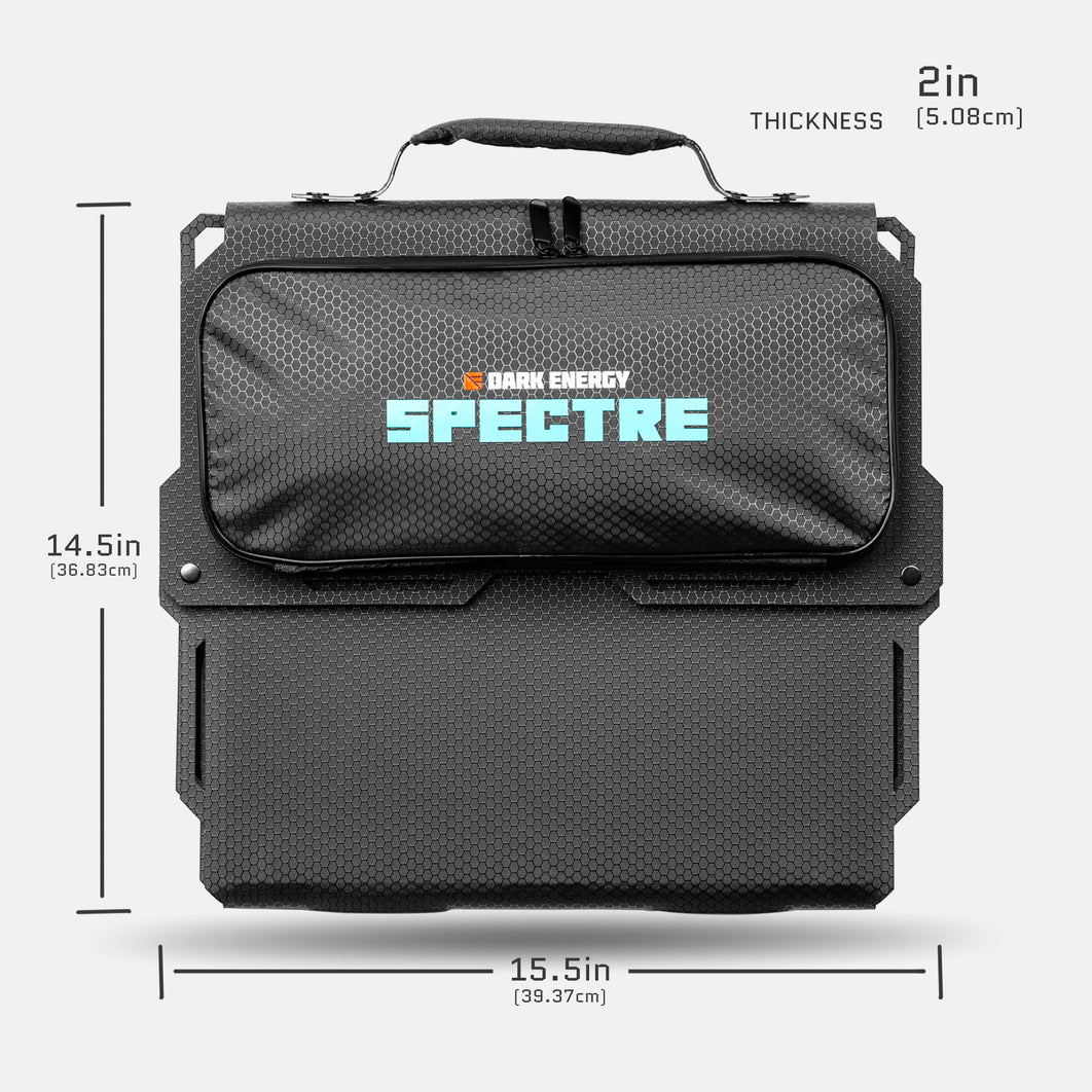 Spectre 56W solar panel used for charging gear outdoors with sun meter LEDs