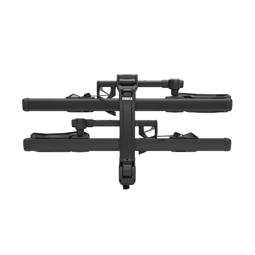 Close-up of Thule Verse single-hook attachment arm – No-frame contact securing the bike by the front wheel.

