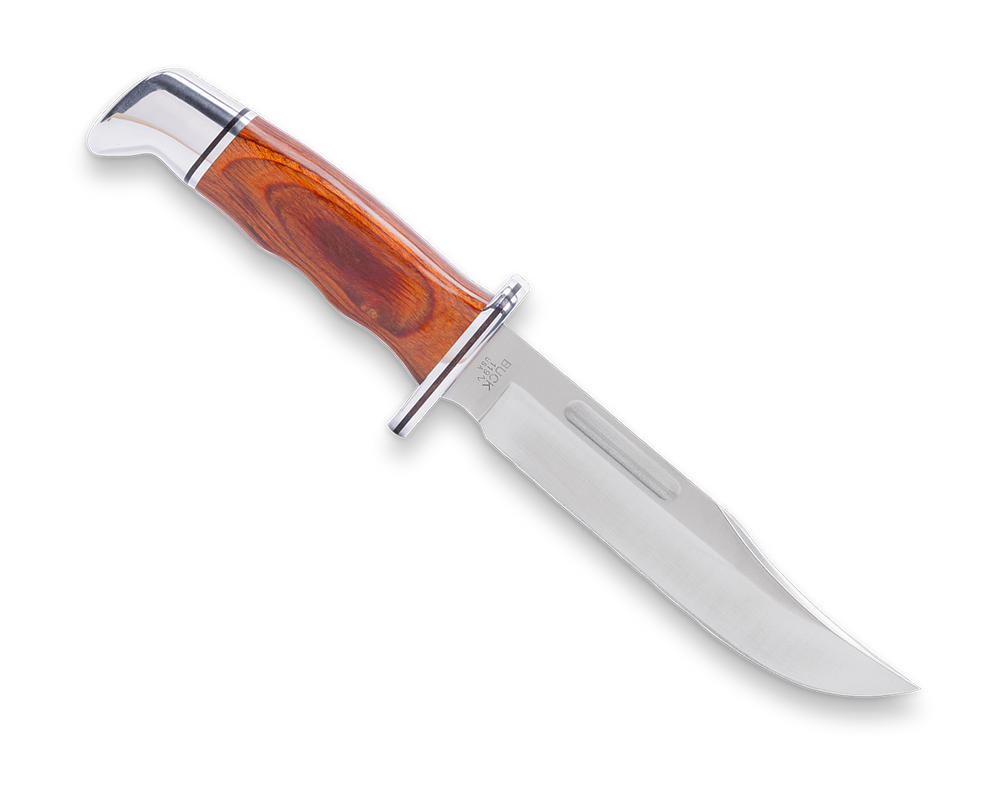 Knife with wooden handle and silver blade on a white background
