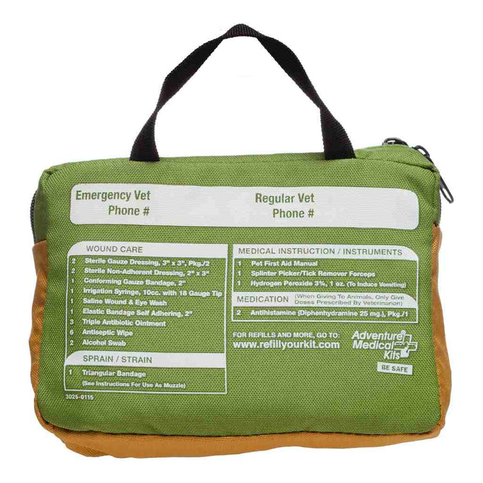 Green and brown medical kit with labels on a white background