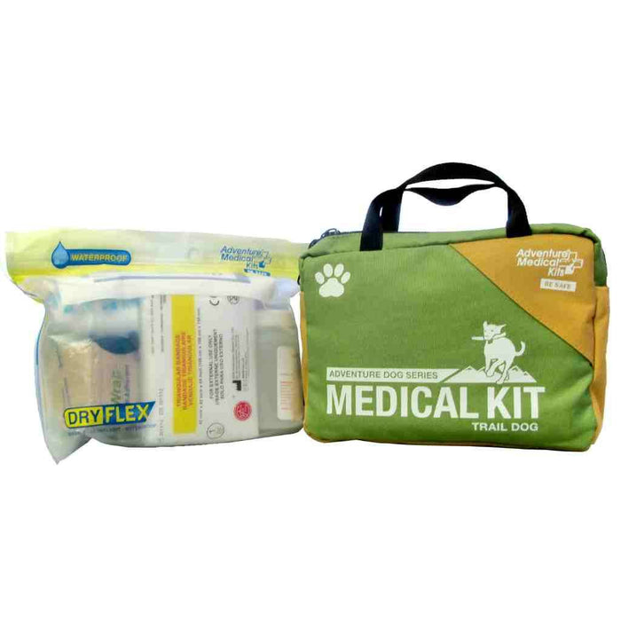 Green medical kit for dogs with a dry flex product on a white background