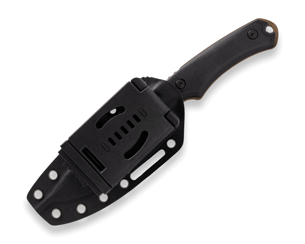 Fixed blade backcountry hunting knife with durable Kydex sheath and multi-position belt attachment