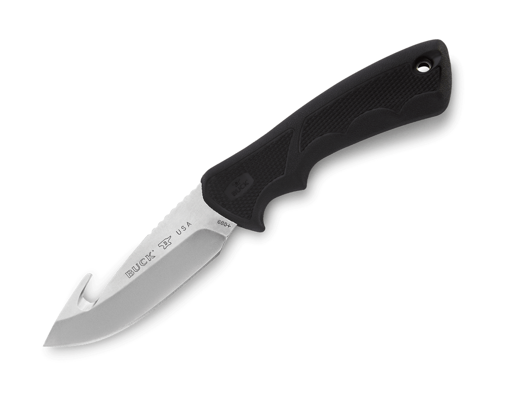 Black folding knife with 'Buck USA' engraving on a white background