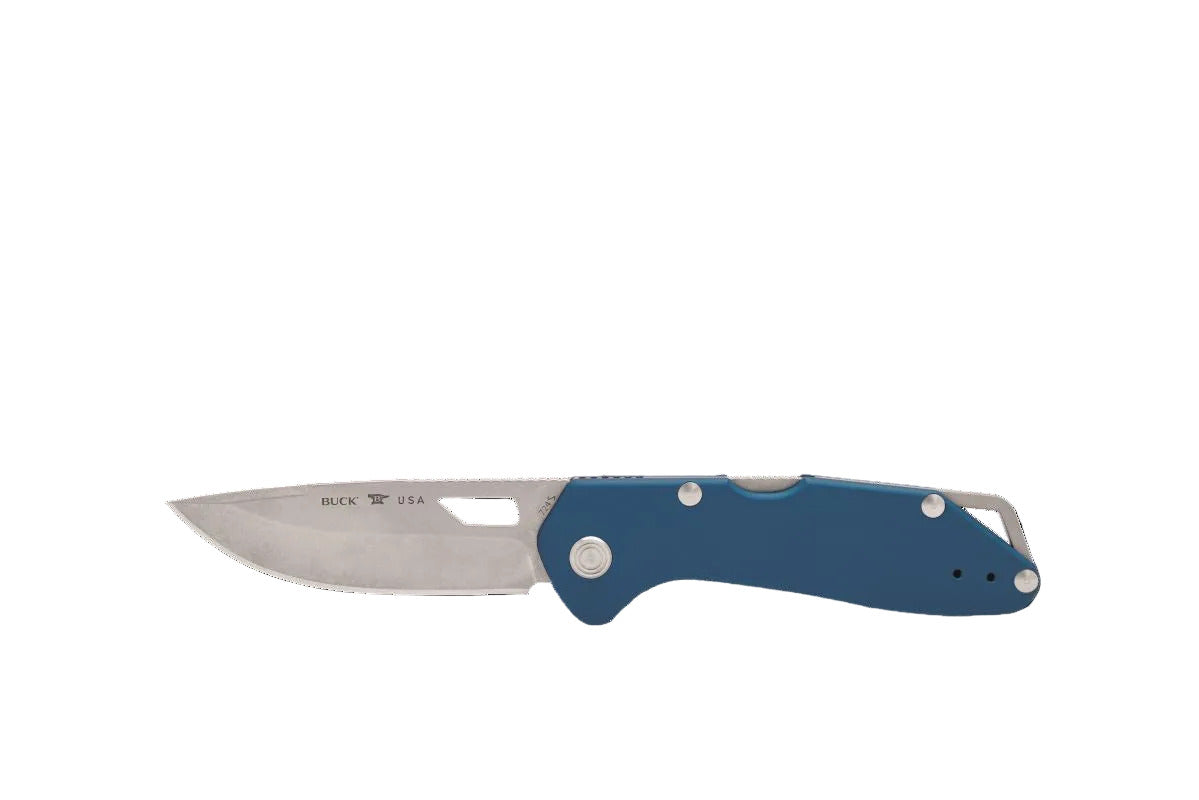 Buck 724 Mustang pocket knife with bead blasted 420HC drop point blade and blue anodized aluminum handle