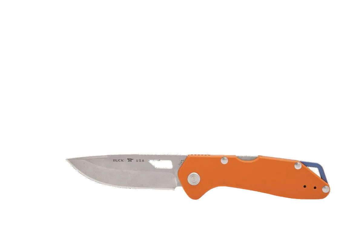 Buck 724 Mustang pocket knife closed and open view showing drop point blade and aluminum handle