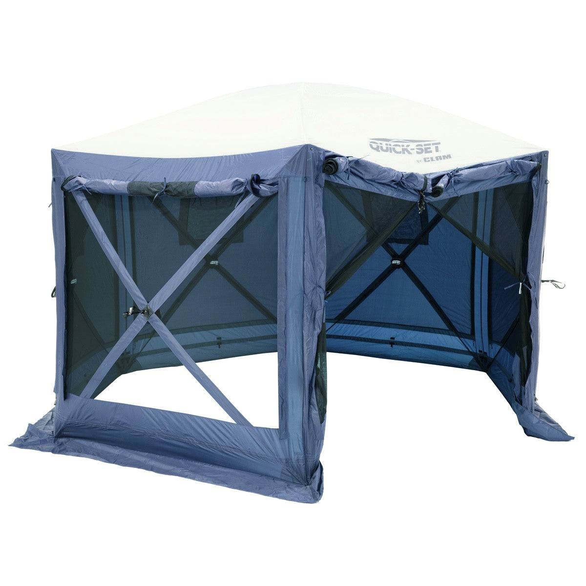 Blue outdoor shelter with a white background