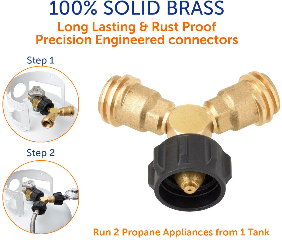 Brass propane Y-splitter adapter for BBQ grills and camping stoves