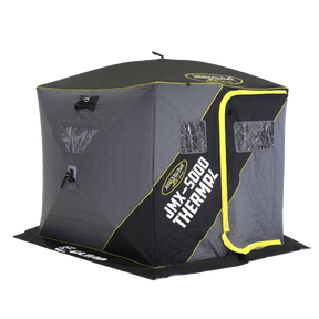 Jason Mitchell X-5000 Thermal Hub Shelter - 5-sided ice fishing shelter with full thermal skin, shown fully set up with the Max Entry door system