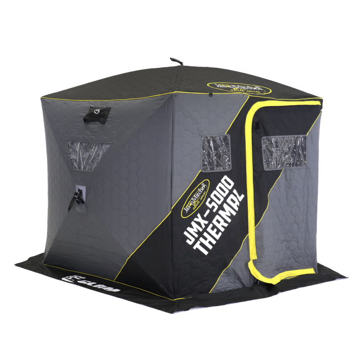 Jason Mitchell X-5000 Thermal Hub Shelter - 5-sided ice fishing shelter with full thermal skin, shown fully set up with the Max Entry door system