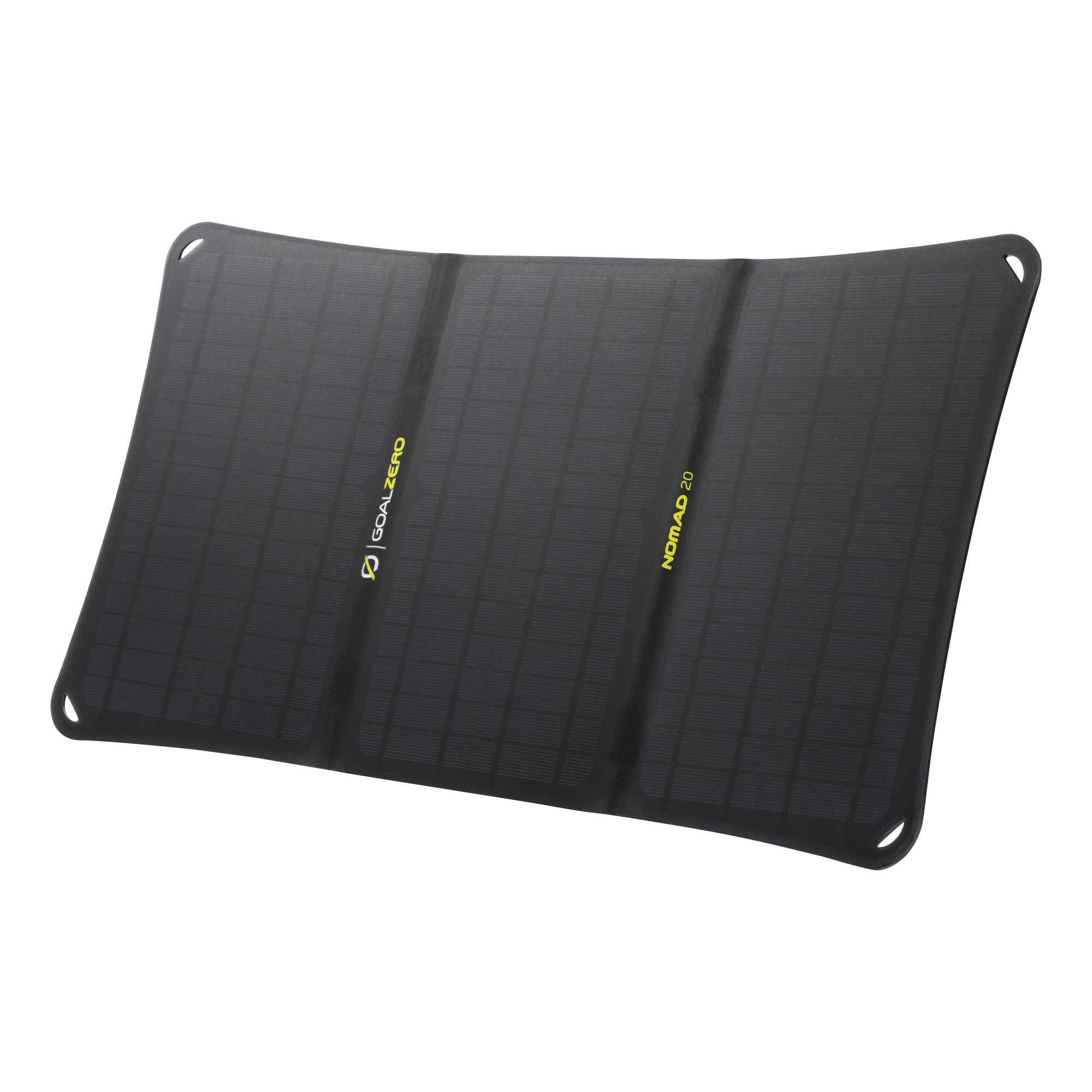 Foldable 20W Nomad 20 portable solar panel charger with integrated cable and adjustable kickstand.