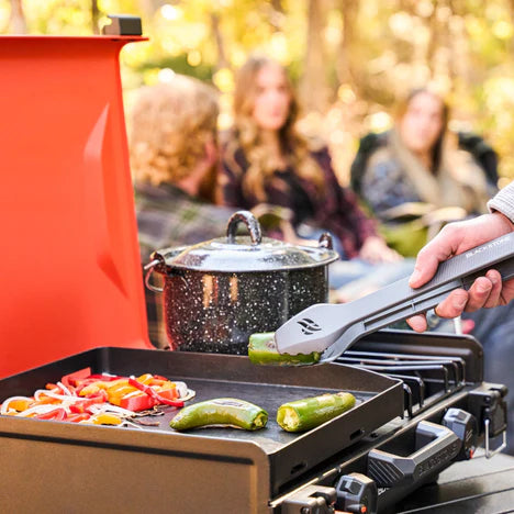 Camping griddle with side burner and non-stick plate for convenient outdoor meals


