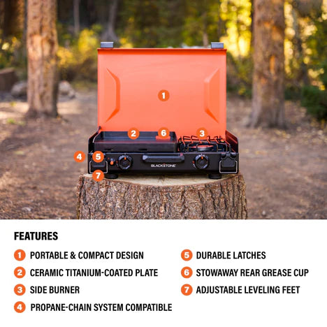 Portable camping griddle with independent heat zone and side burner for sauces and drinks