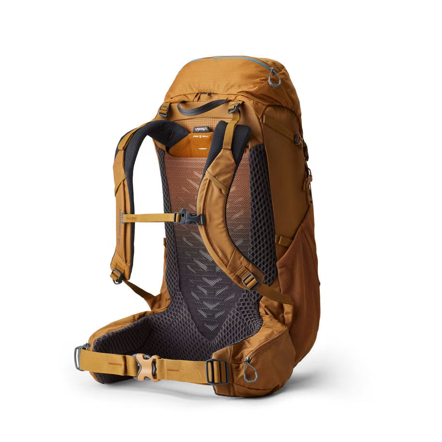 Adjustable hiking backpack with padded hipbelt pockets and ventilated suspension system