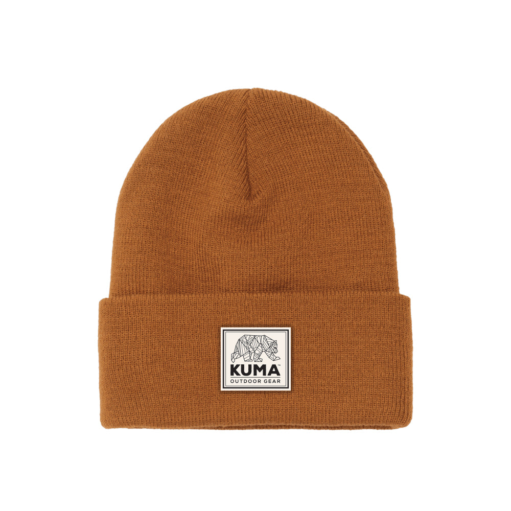 Brown beanie with Kuma Outdoor Gear logo on a white background