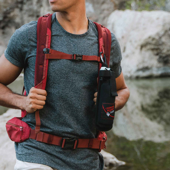 Outdoor safety bear spray holster attached to backpack strap
