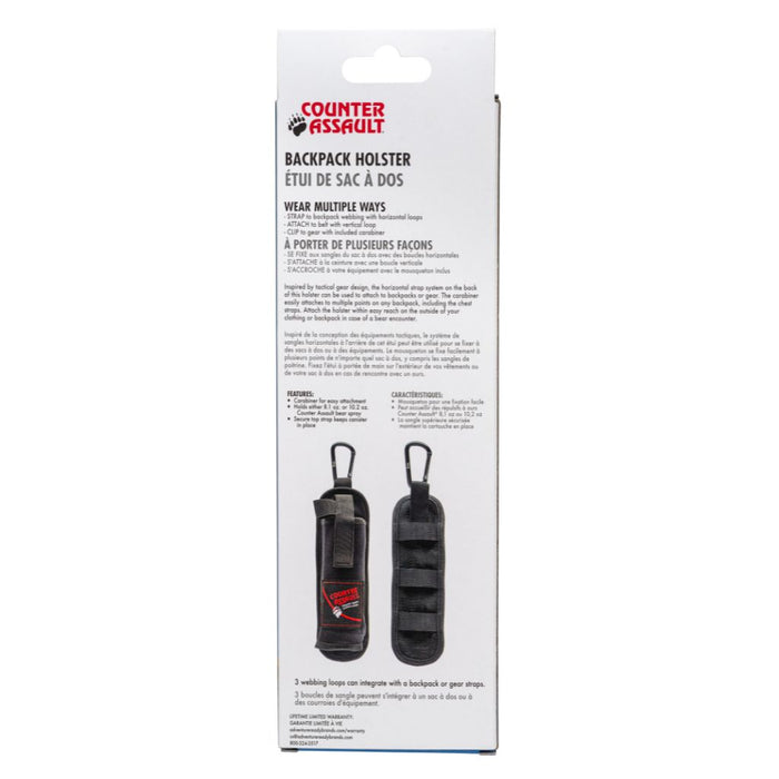Backpack-mounted bear spray holster for outdoor safety