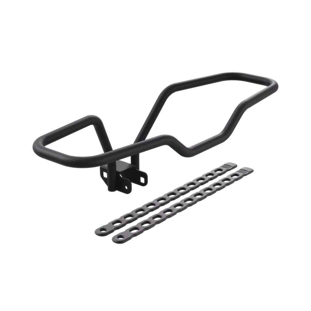 Black metal bike rack with straps on a white background