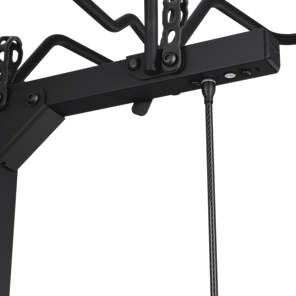 Close-up of a black archery bow with a white background