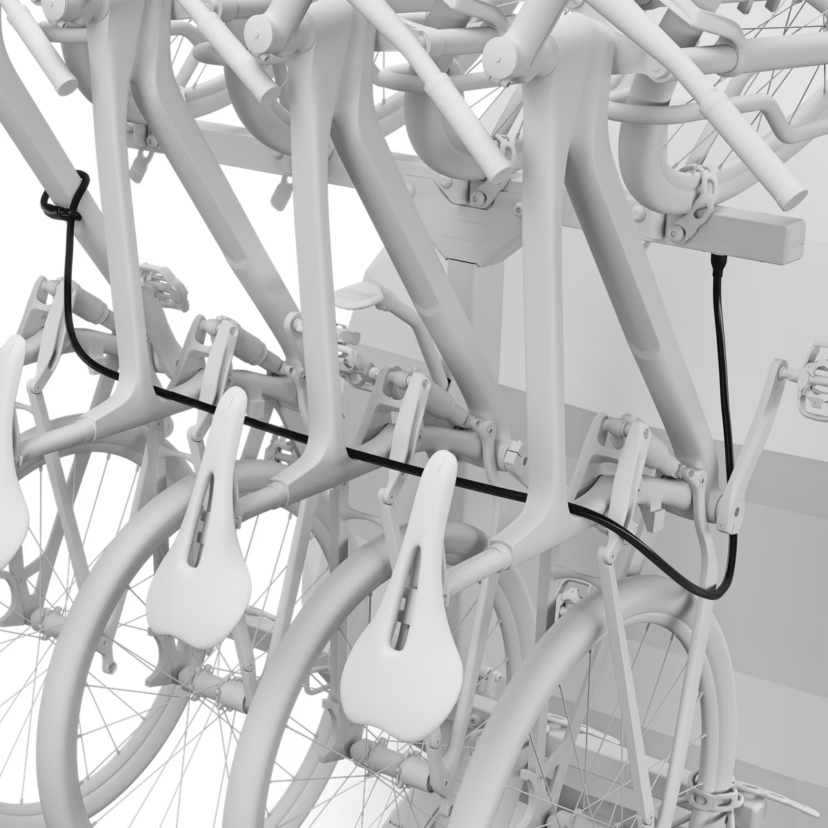 Close-up of a bicycle rack with multiple bicycles stacked on top of each other.