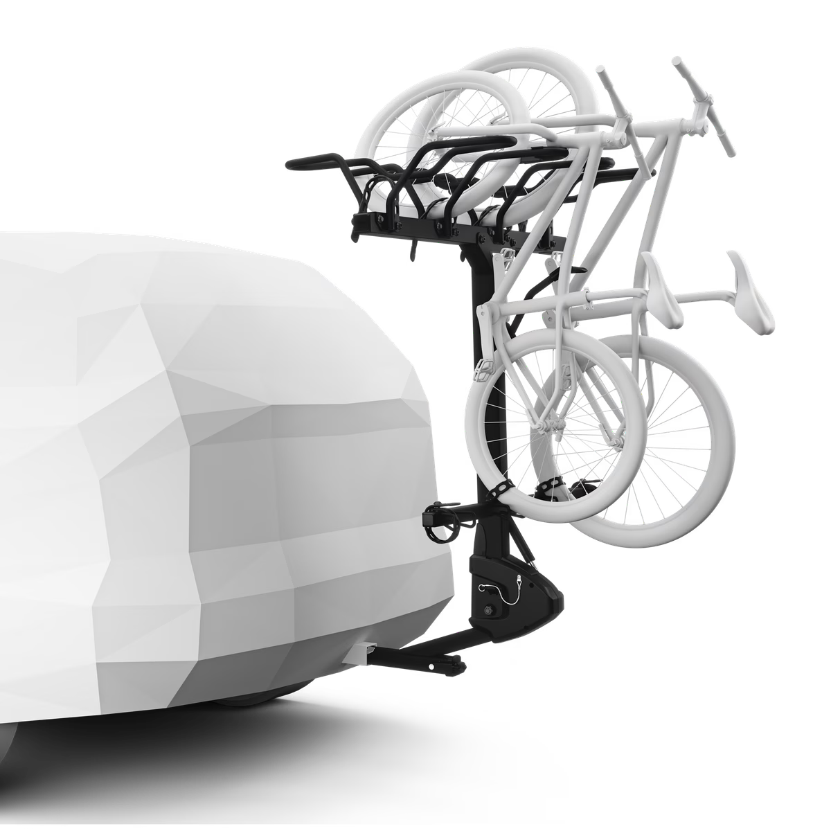 Bicycle mounted on a car roof rack with a white car in the background