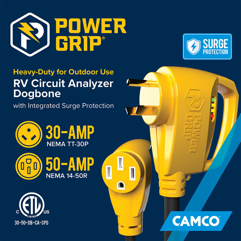 Camco Power Grip RV dogbone adapter for campground pedestal power connection