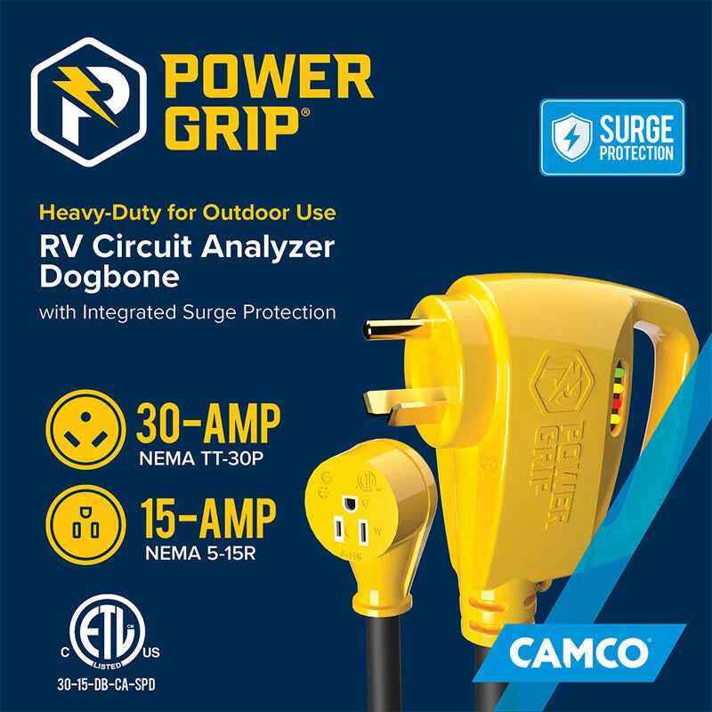 Camco 55461 Power Grip RV adapter with built-in surge protection and fault indicator

