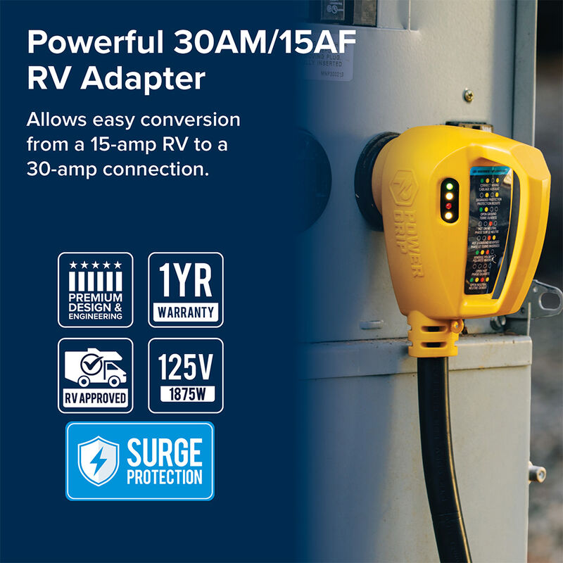 Camco Power Grip 30A male to 50A female RV electrical adapter with analyzer

