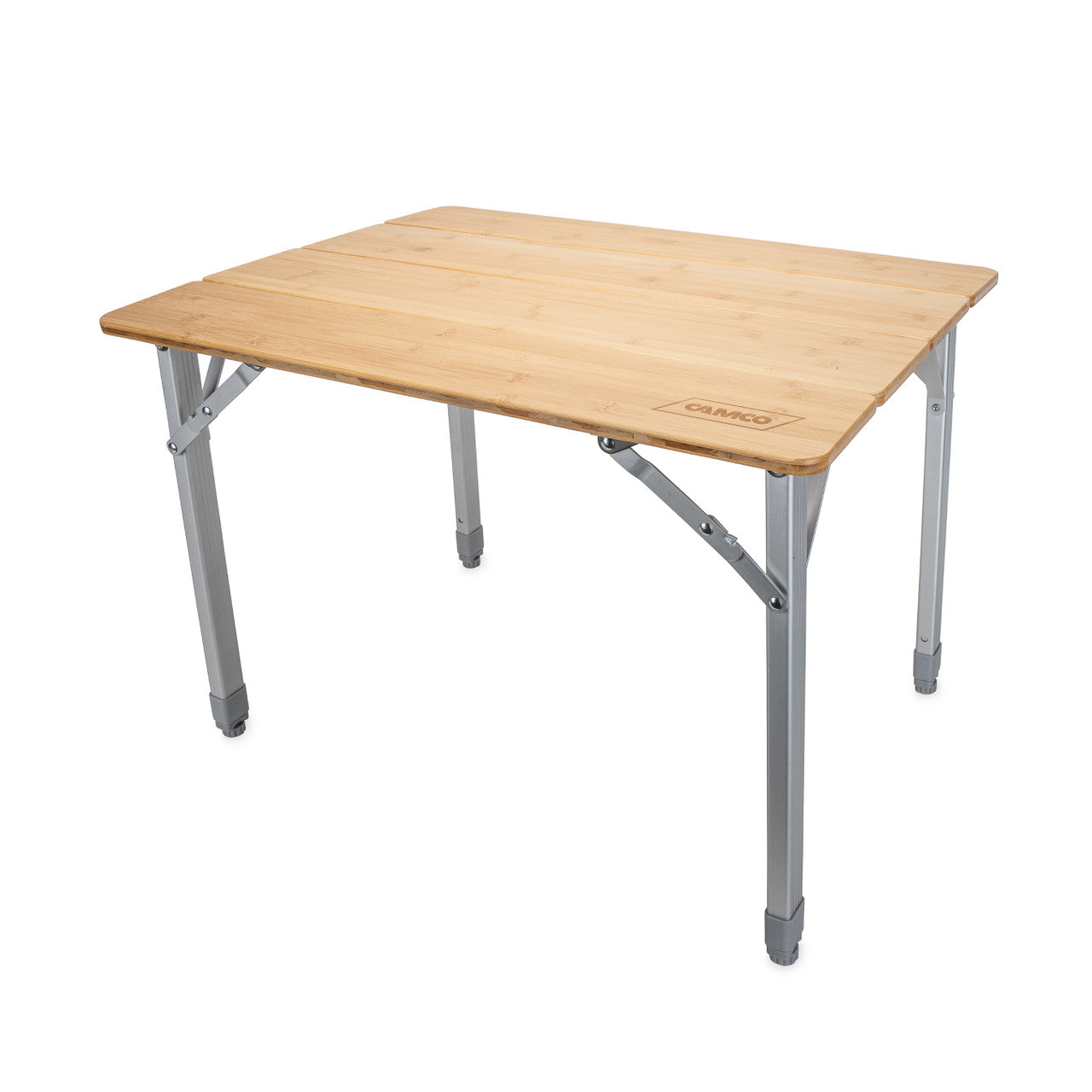 Camco folding bamboo camping table with adjustable aluminum legs and portable storage bag