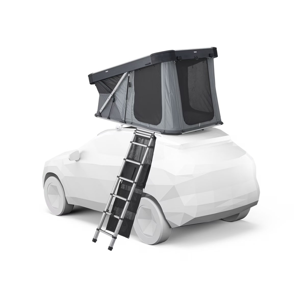 Thule Widesky rooftop tent open showing spacious two-person sleeping area