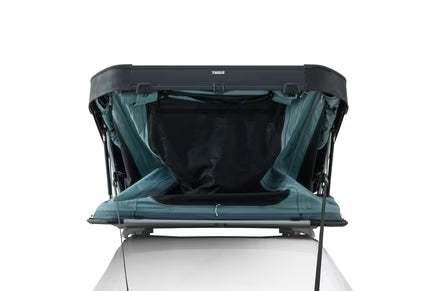 Thule Widesky rooftop tent open at campsite with panoramic doors