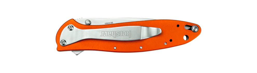Orange folding knife with silver blade on a white background