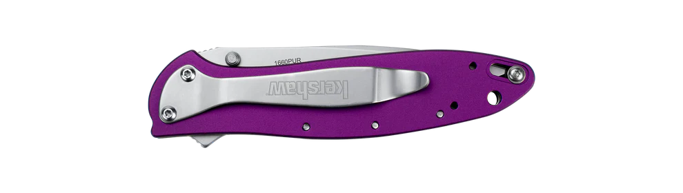 Purple folding knife with silver blade on a white background