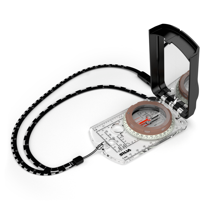A high-performance sighting compass designed for experienced navigators, used by NATO Forces globally. Features include a liquid-filled capsule, sapphire jewel bearing, high-quality steel needle, and hardened steel pivot. Equipped with a mirror sighting system, magnifying lens, declination adjustment, clinometer, luminous markings, and a graduation ring providing up to 4 hours of illumination after light activation. Additional tools include silicon friction feet, a patented red/black N/S line system, GPS sc