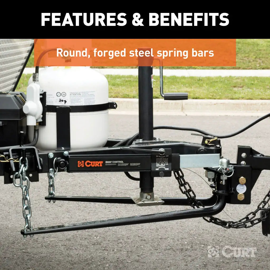 CURT towing hitch system with snap-up chain brackets and adjustable shank