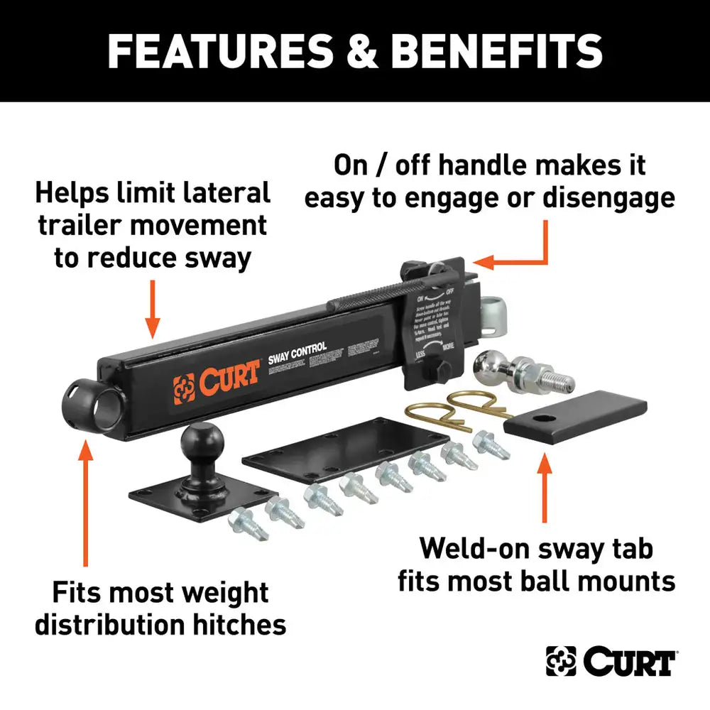 CURT sway control unit installed between a trailer and towing vehicle, helping to limit lateral trailer movement.