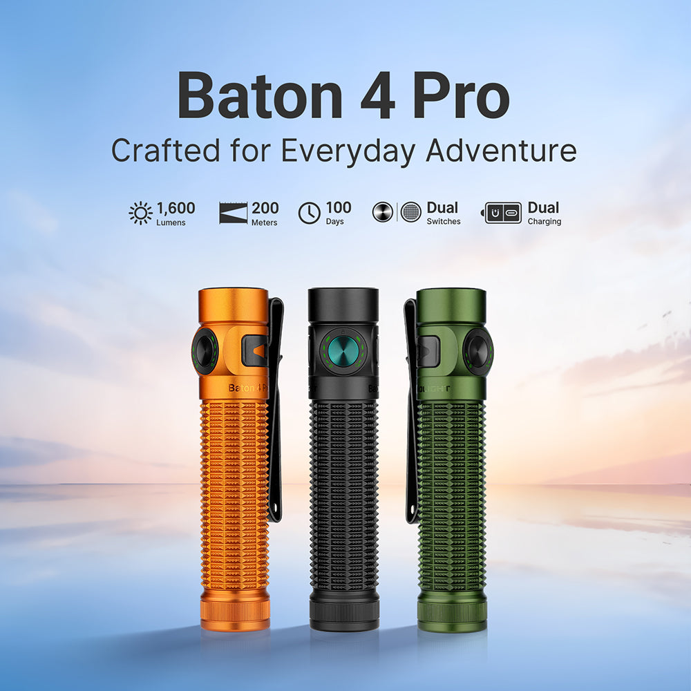 Olight Baton 4 Pro flashlight with included rechargeable 18650 battery in all three colors
