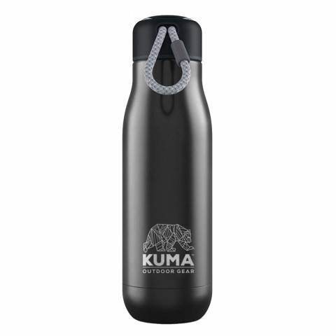 Black water bottle with Kuma Outdoor Gear logo on a white background
