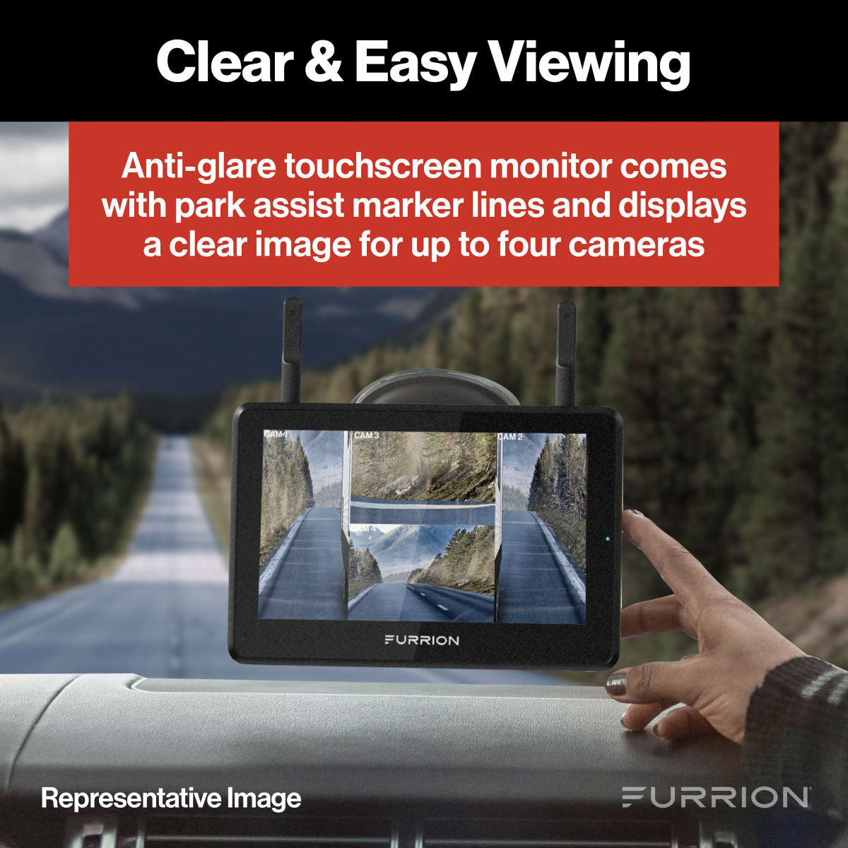 Furrion Vision S+ touchscreen monitor mounted on an RV windshield for easy visibility.