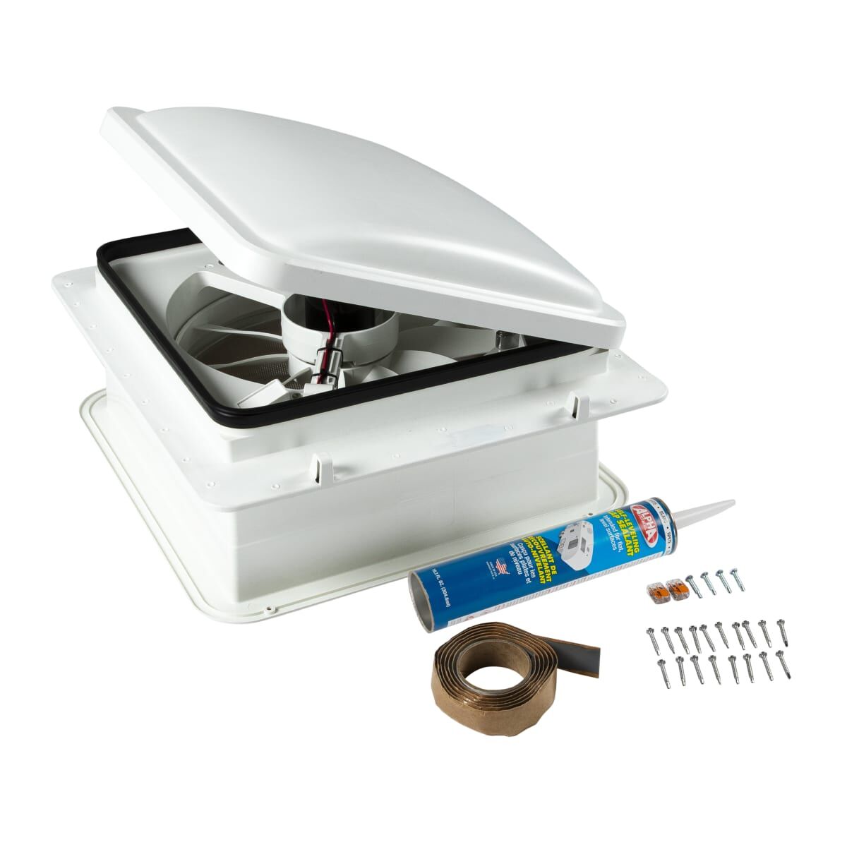 Furrion RV roof vent fan with lid installed on a travel trailer roof, offering a sleek, flush-mount design.