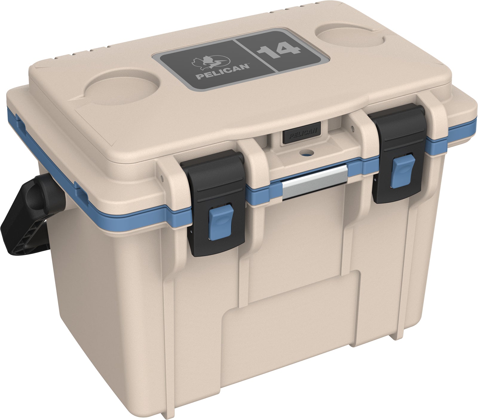 Beige cooler box with blue accents and Pelican logo on a white background