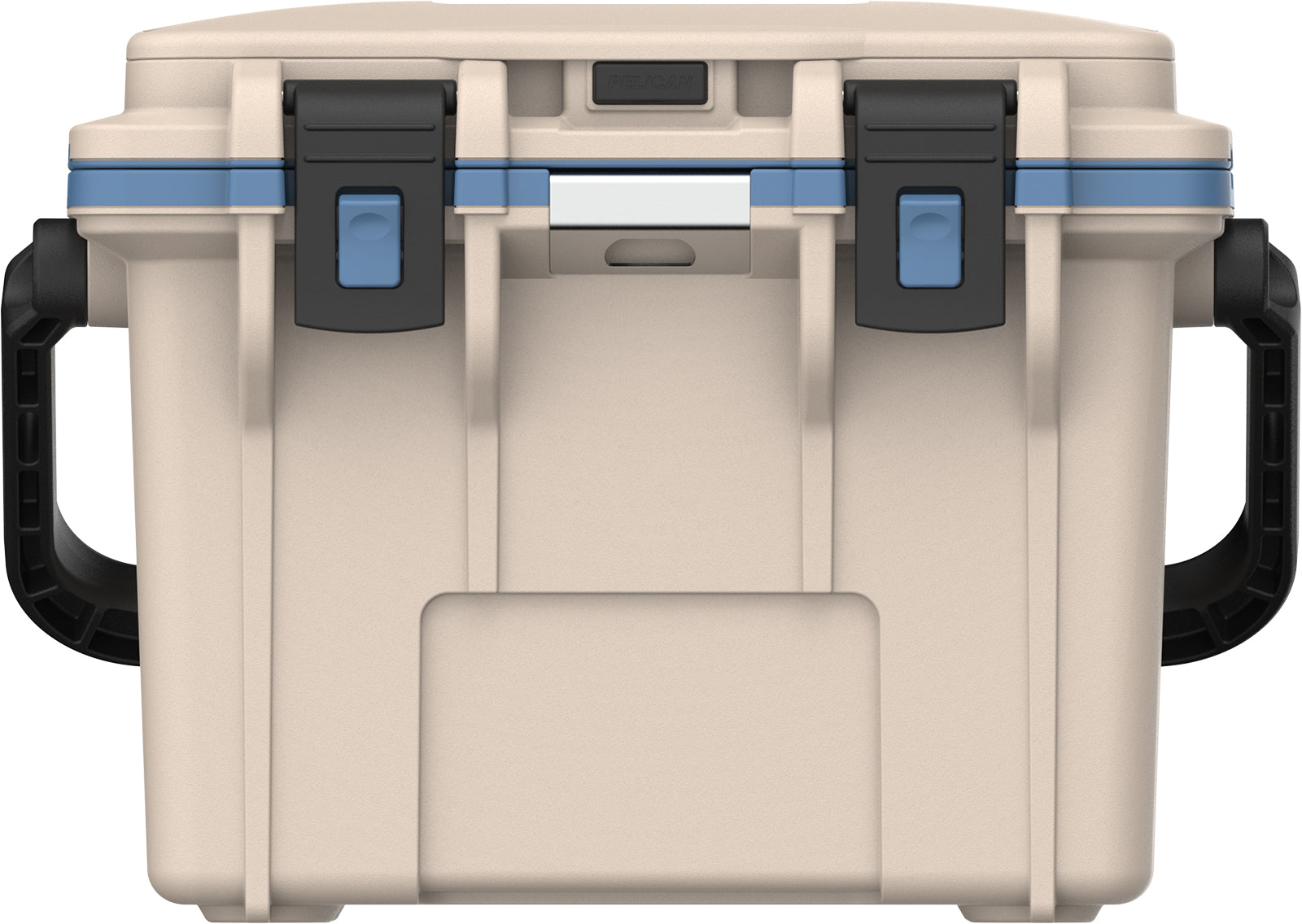 Beige cooler with black handles and blue accents on a white background